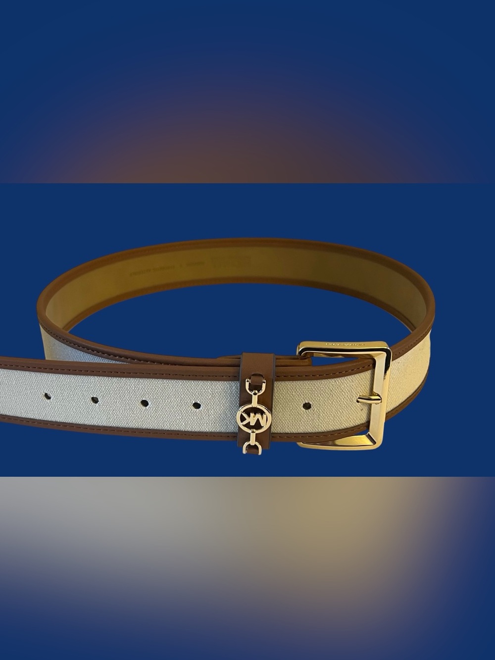 Michael Kors Brown Beige Canvas Belt with Gold MK Charm XL